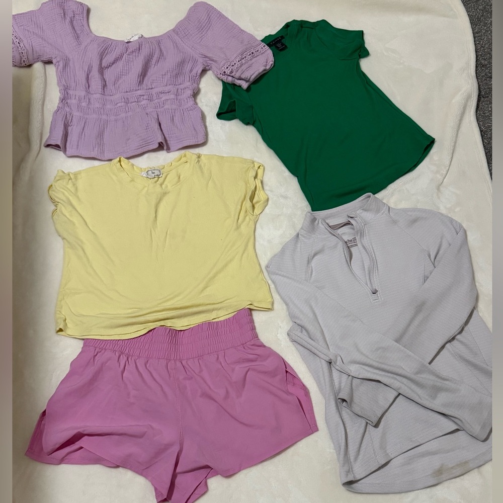 Colorful Clothing Set with Yellow, Pink, Green, and Gray Pieces